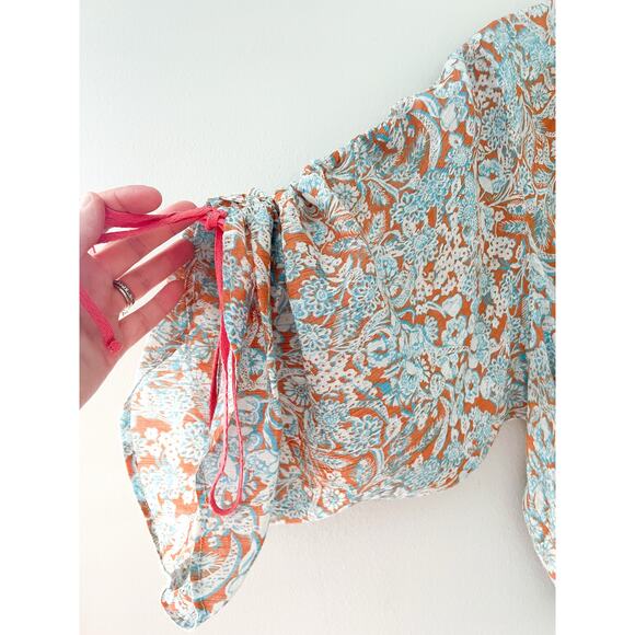 Anthropologie Floral Shirred Top Oversized Bohemian Hippie Tie Long Sleeves - Picture 7 of 11